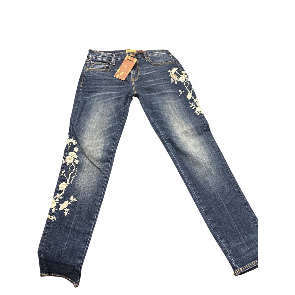 Driftwood Jackie Skinny Jeans Dark Blue Embroidered Bird Floral W26 L26 NEW
